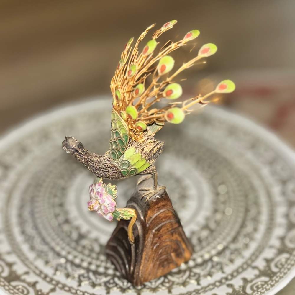 Antique Chinese Export filigree silver & enamel peacock